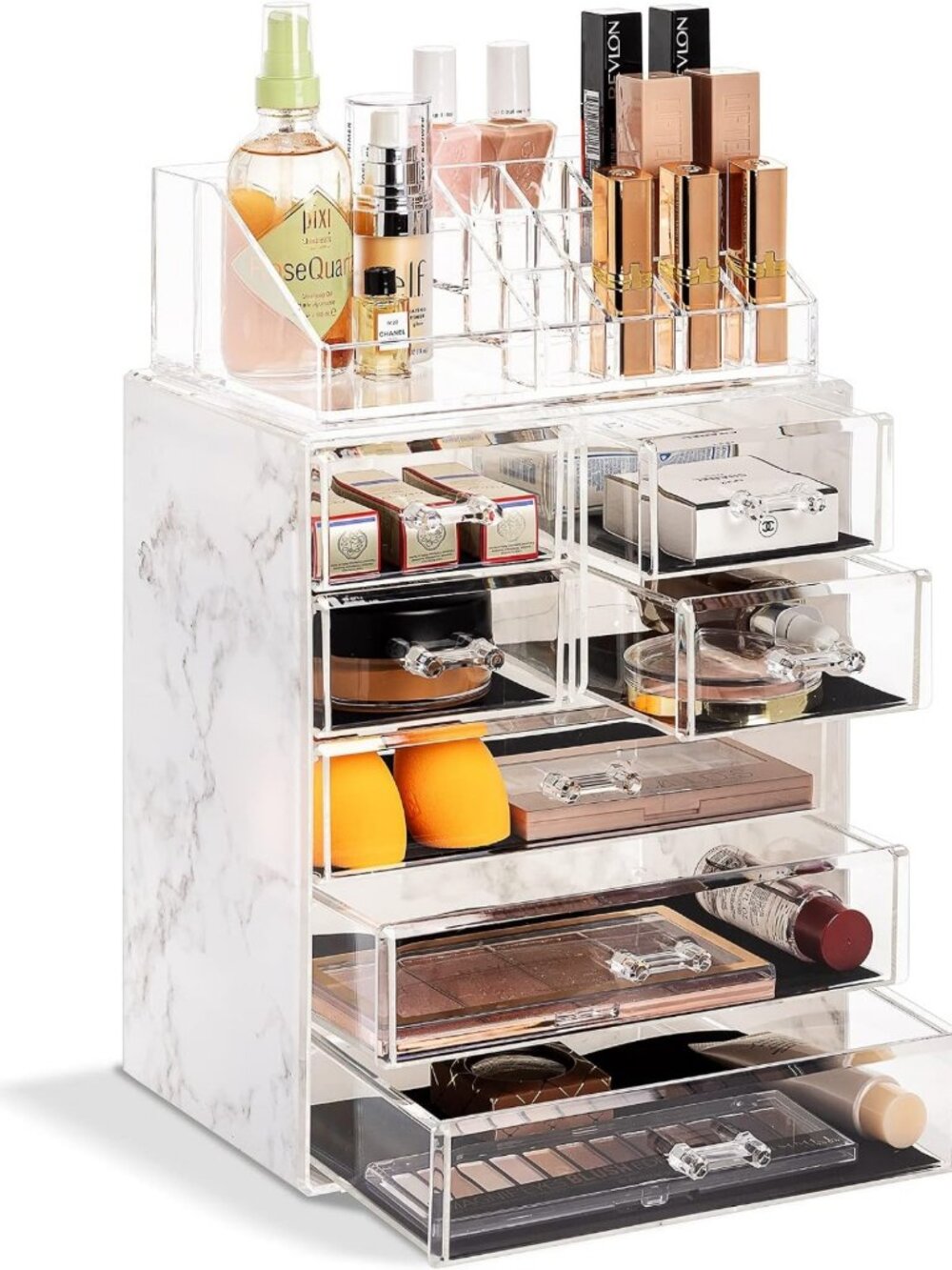 Stylish 7-Drawer Acrylic Makeup Organizer Set - Elegant Marble Print Design